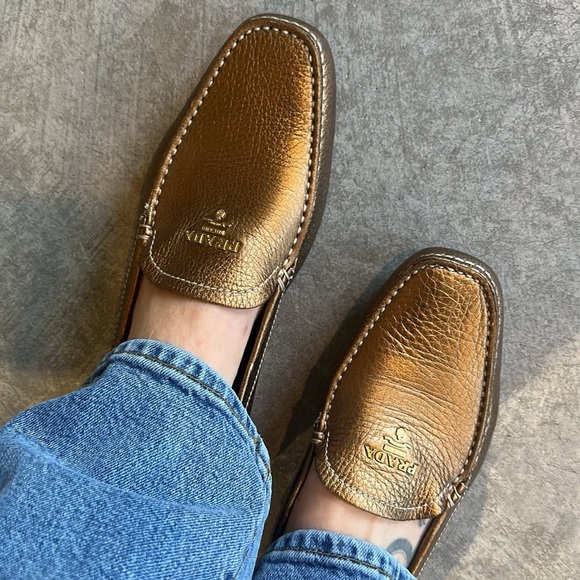 Prada Gold Leather logo Loafers - Picture 1 of 7